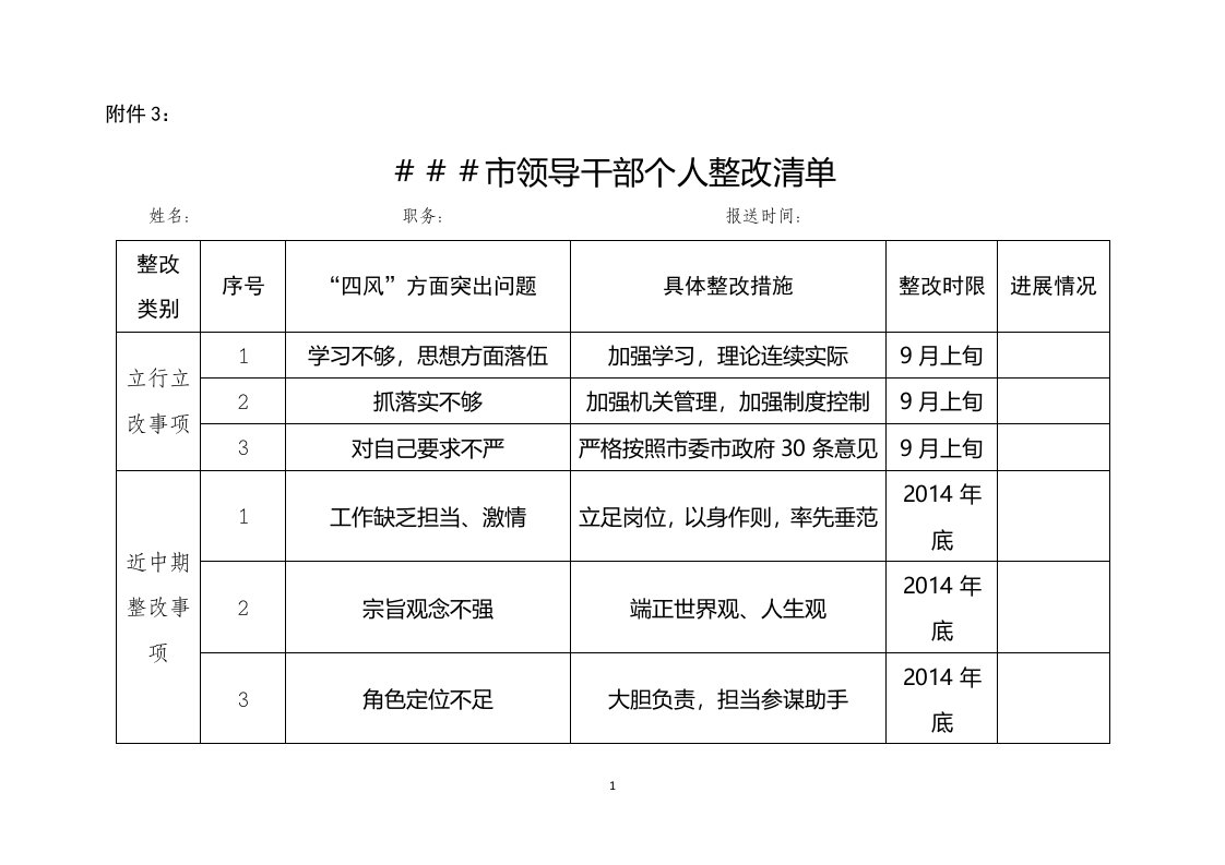 乡镇领导干部整改清单