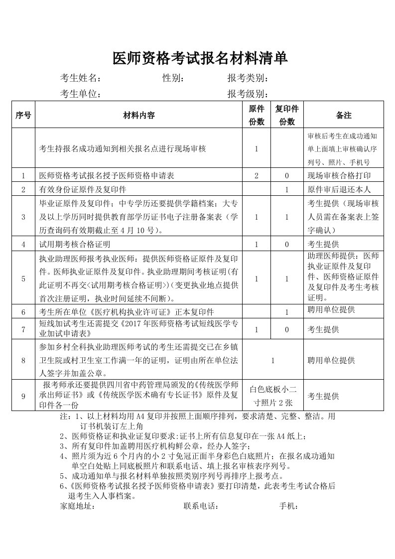 医师资格考试报材料清单