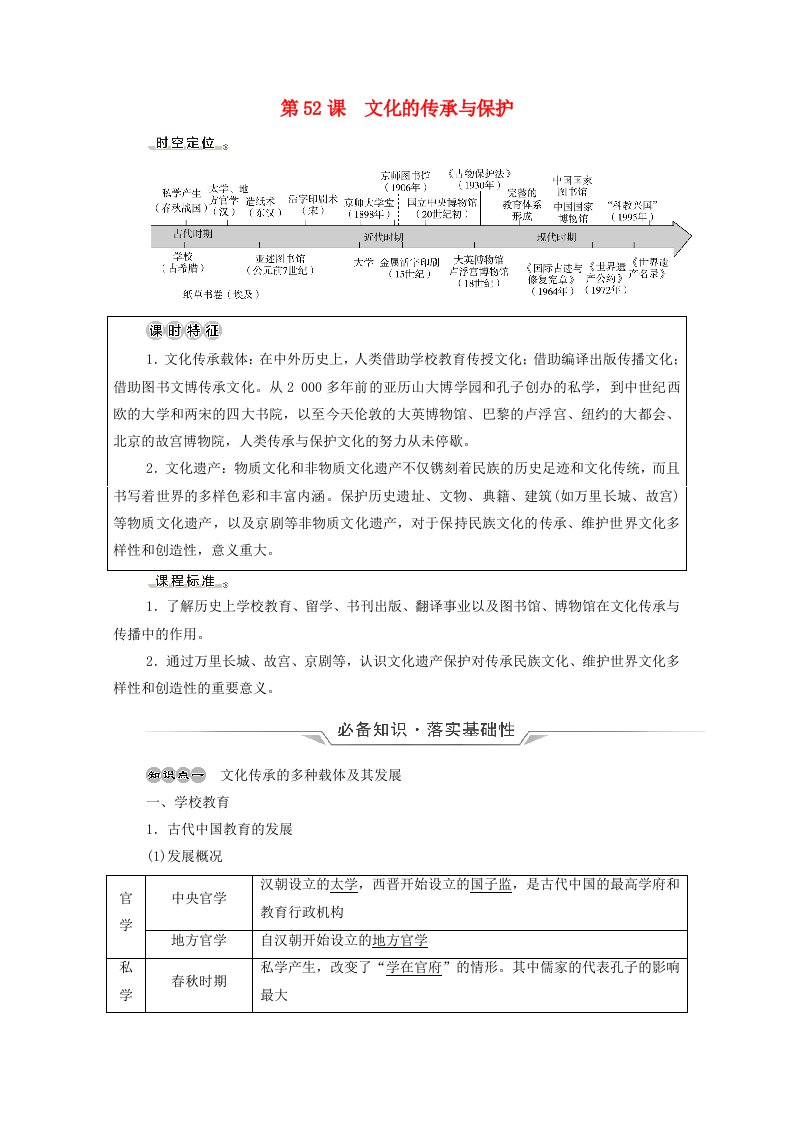 2022版新教材高考历史一轮复习选择性必修第16单元文化交流与传播第52课文化的传承与保护学案新人教版