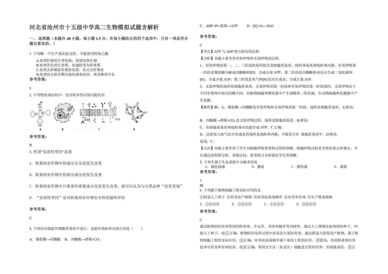 河北省沧州市十五级中学高二生物模拟试题含解析