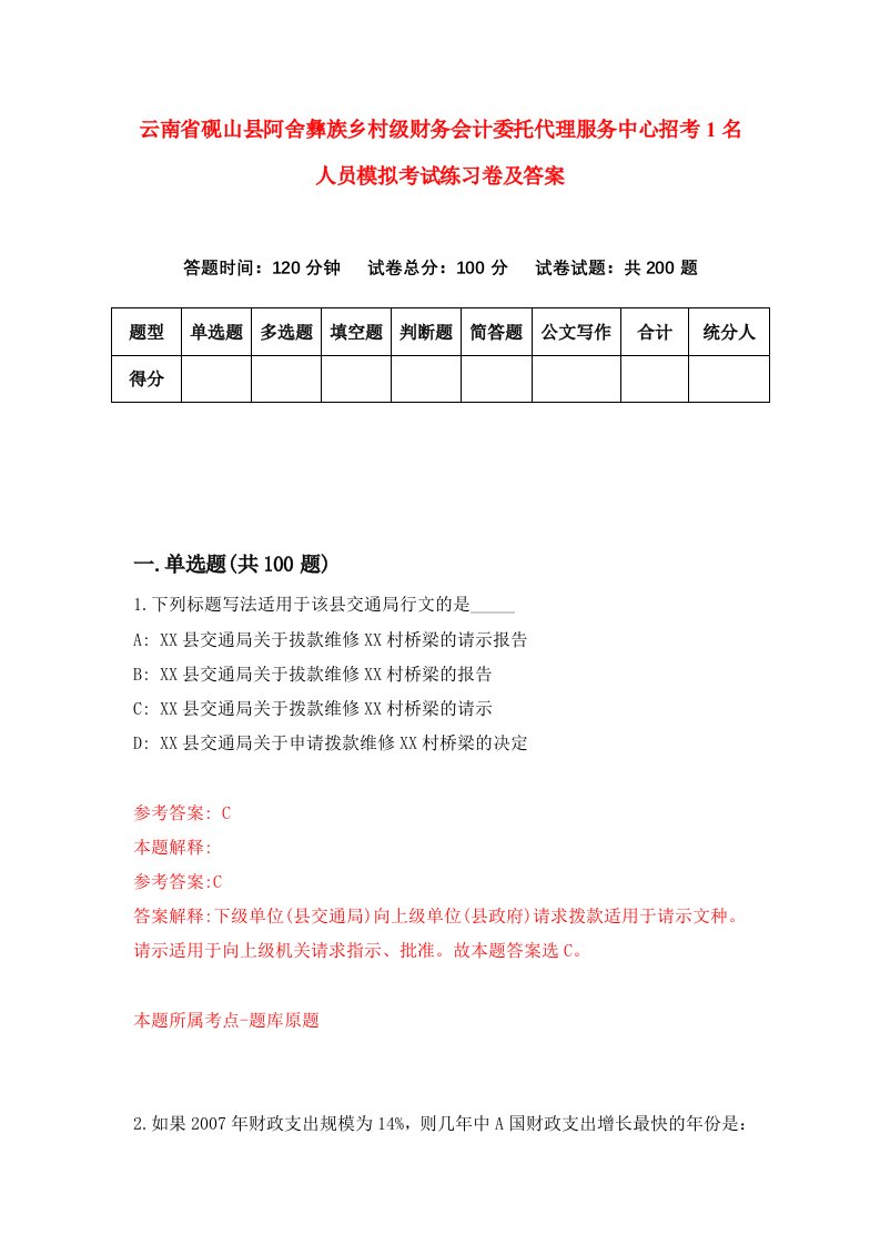 云南省砚山县阿舍彝族乡村级财务会计委托代理服务中心招考1名人员模拟考试练习卷及答案1