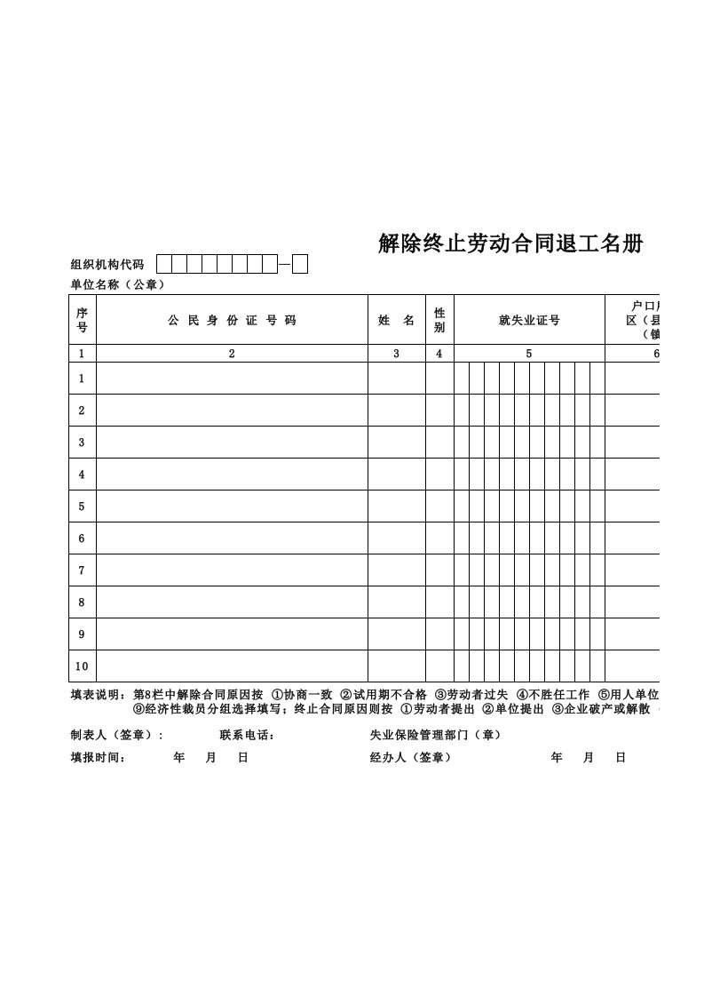 解除终止劳动合同退工名册.8号表