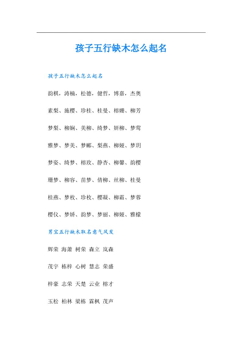 （精选模板）孩子五行缺木怎么起名