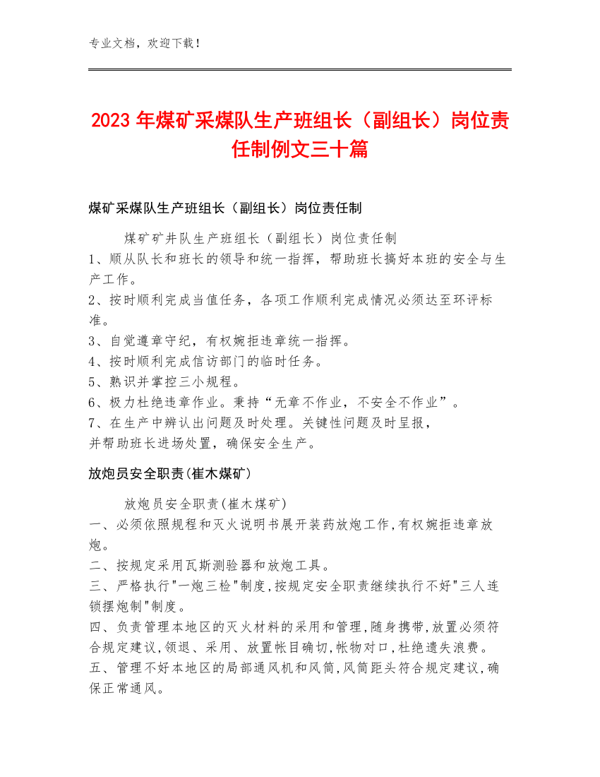 2023年煤矿采煤队生产班组长（副组长）岗位责任制例文三十篇