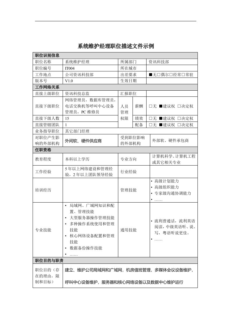 资讯科技部系统维护经理岗位说明书