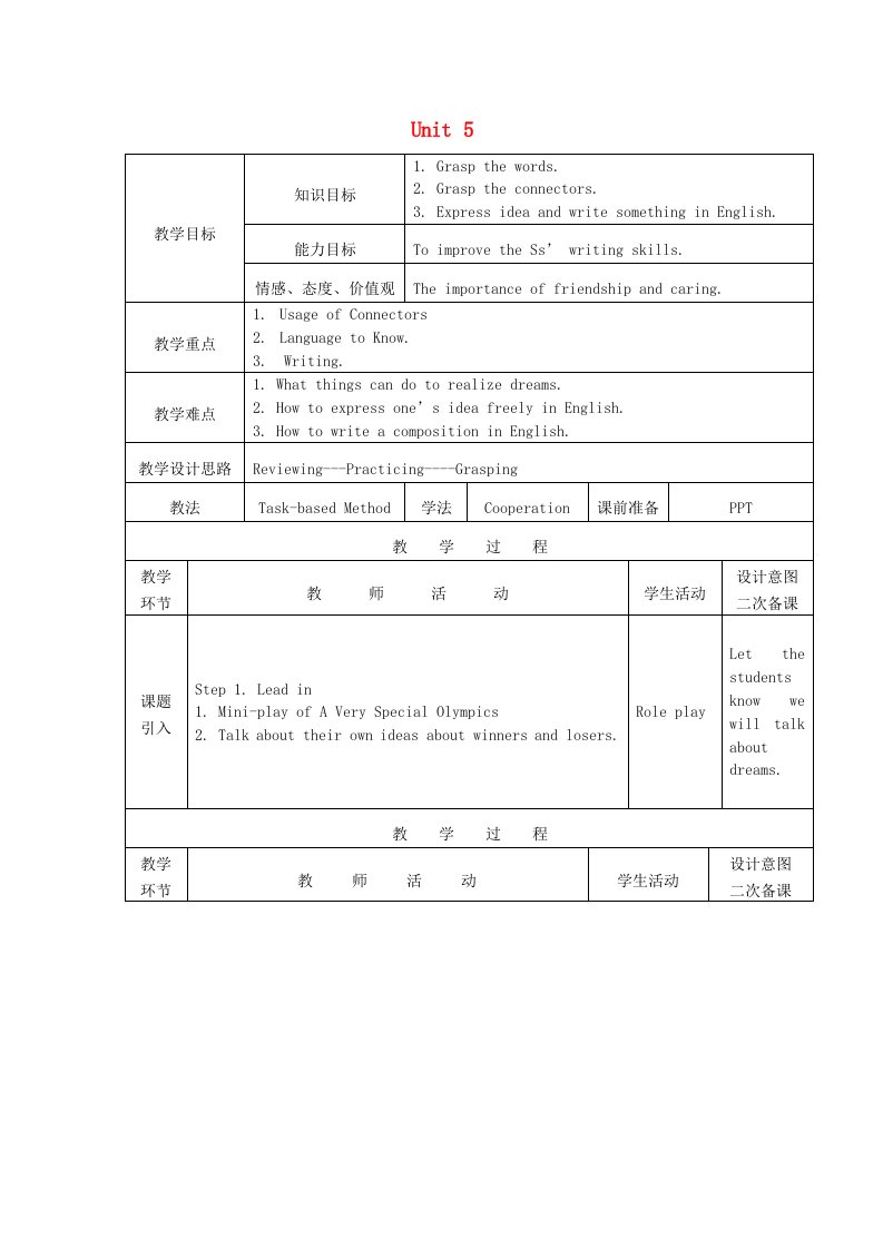 黑龙江省哈尔滨市第四十七中学九年级英语上册Unit5AveryspecialOlympicsWriting教案教科版五四制