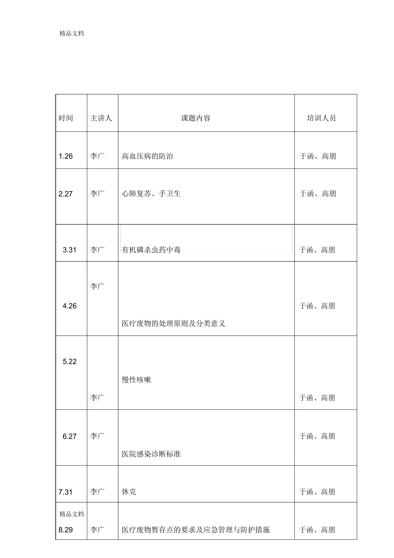 最新内科培训计划表