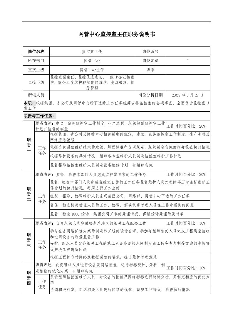 材料行业-网管中心-监控室主任岗位说明书