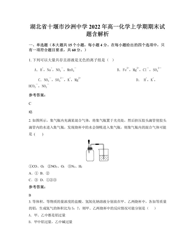 湖北省十堰市沙洲中学2022年高一化学上学期期末试题含解析