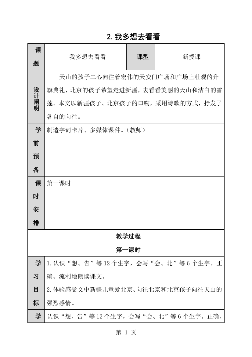 一年级下册语文教案课文（一）2.我多想去看看｜人教部编版-经典教学教辅文档