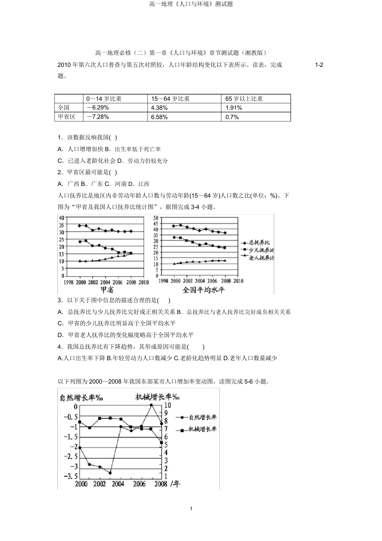 高一地理《人口与环境》测试题