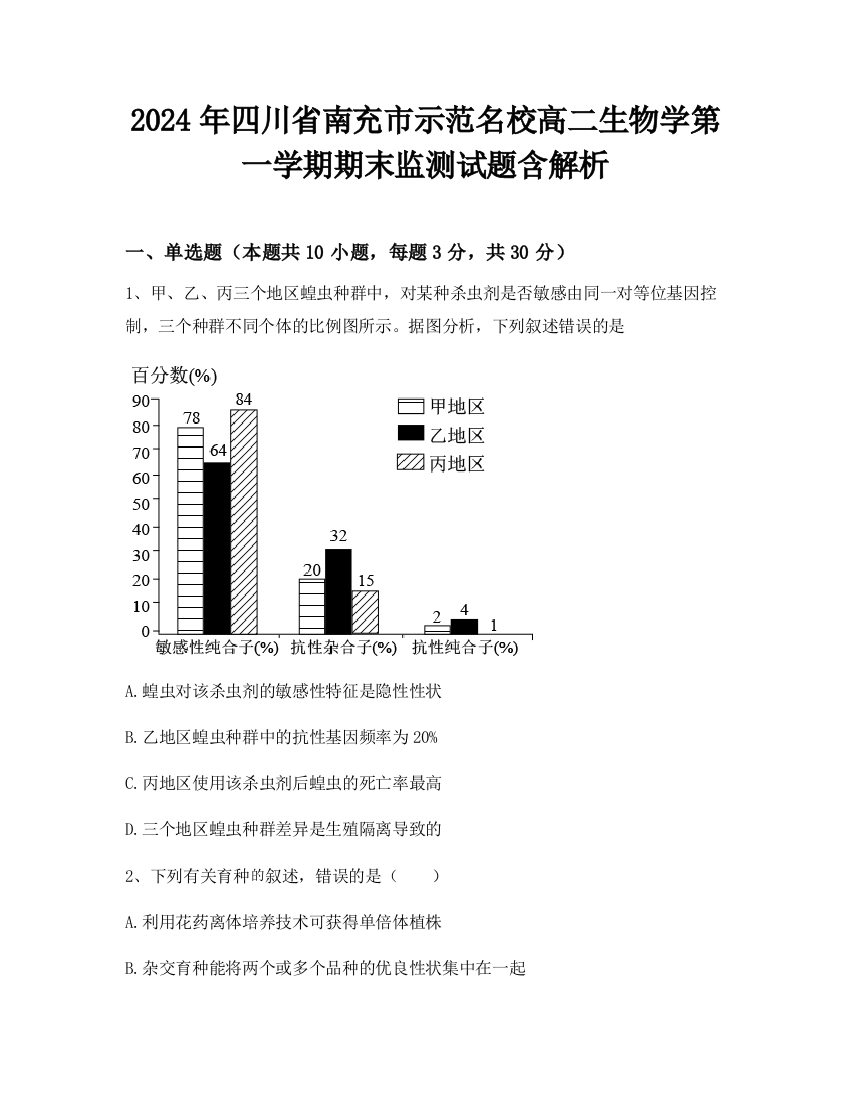 2024年四川省南充市示范名校高二生物学第一学期期末监测试题含解析