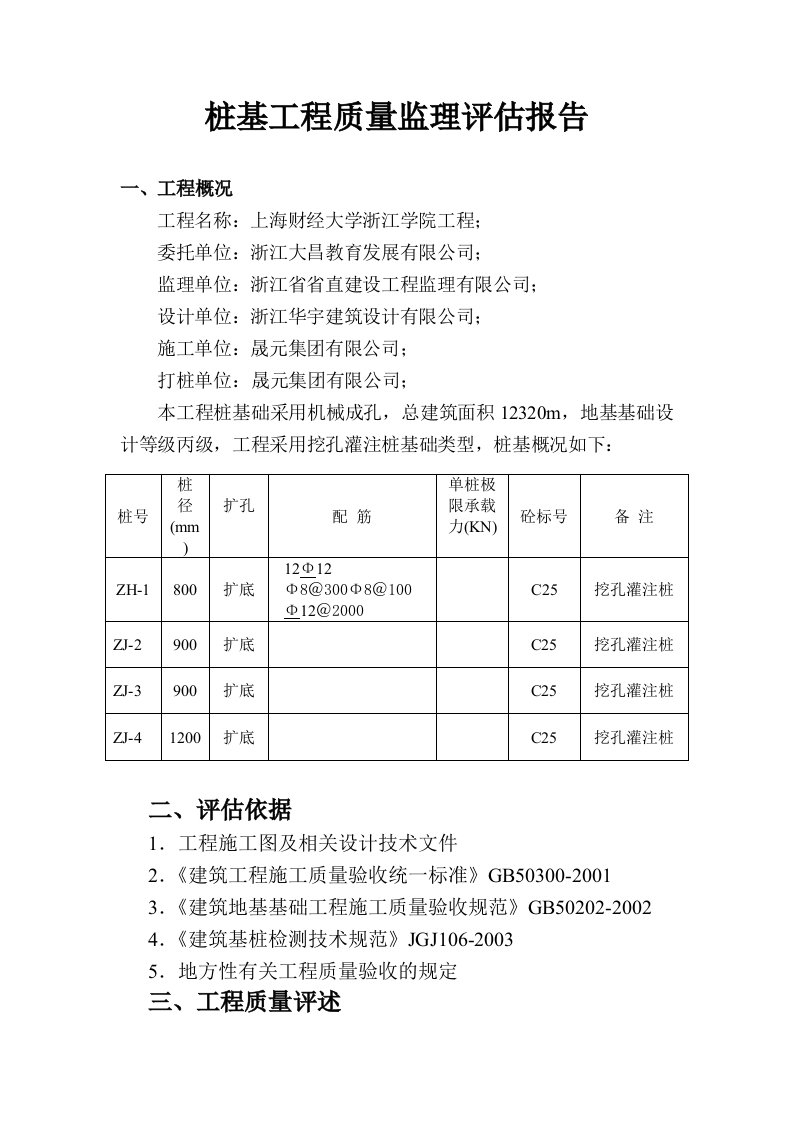 桩基工程质量监理评估报告