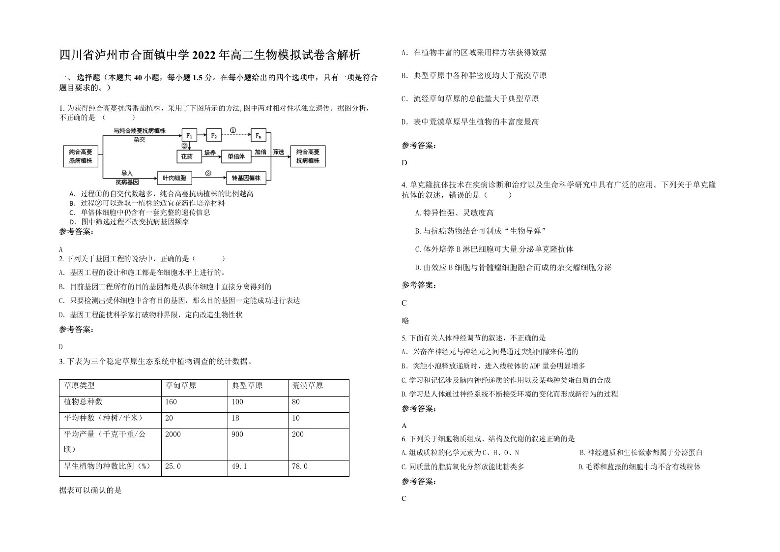 四川省泸州市合面镇中学2022年高二生物模拟试卷含解析