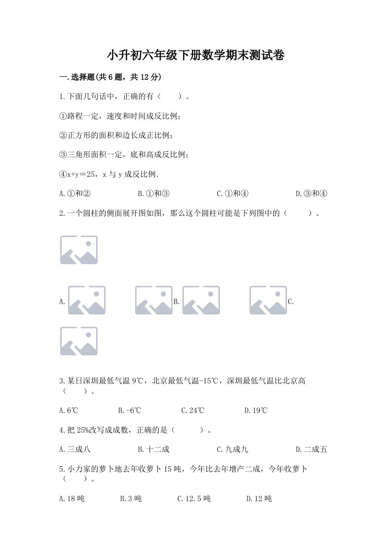 小升初六年级下册数学期末测试卷精品【历年真题】