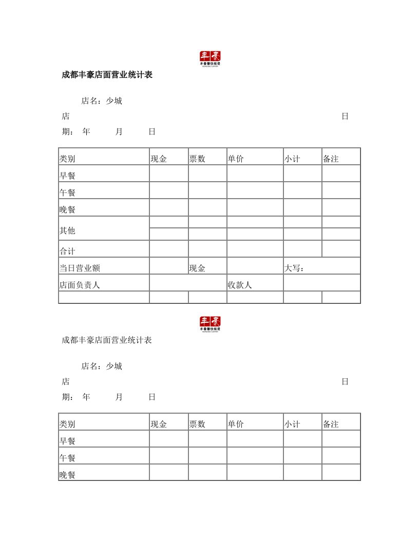 成都丰豪店面营业统计表