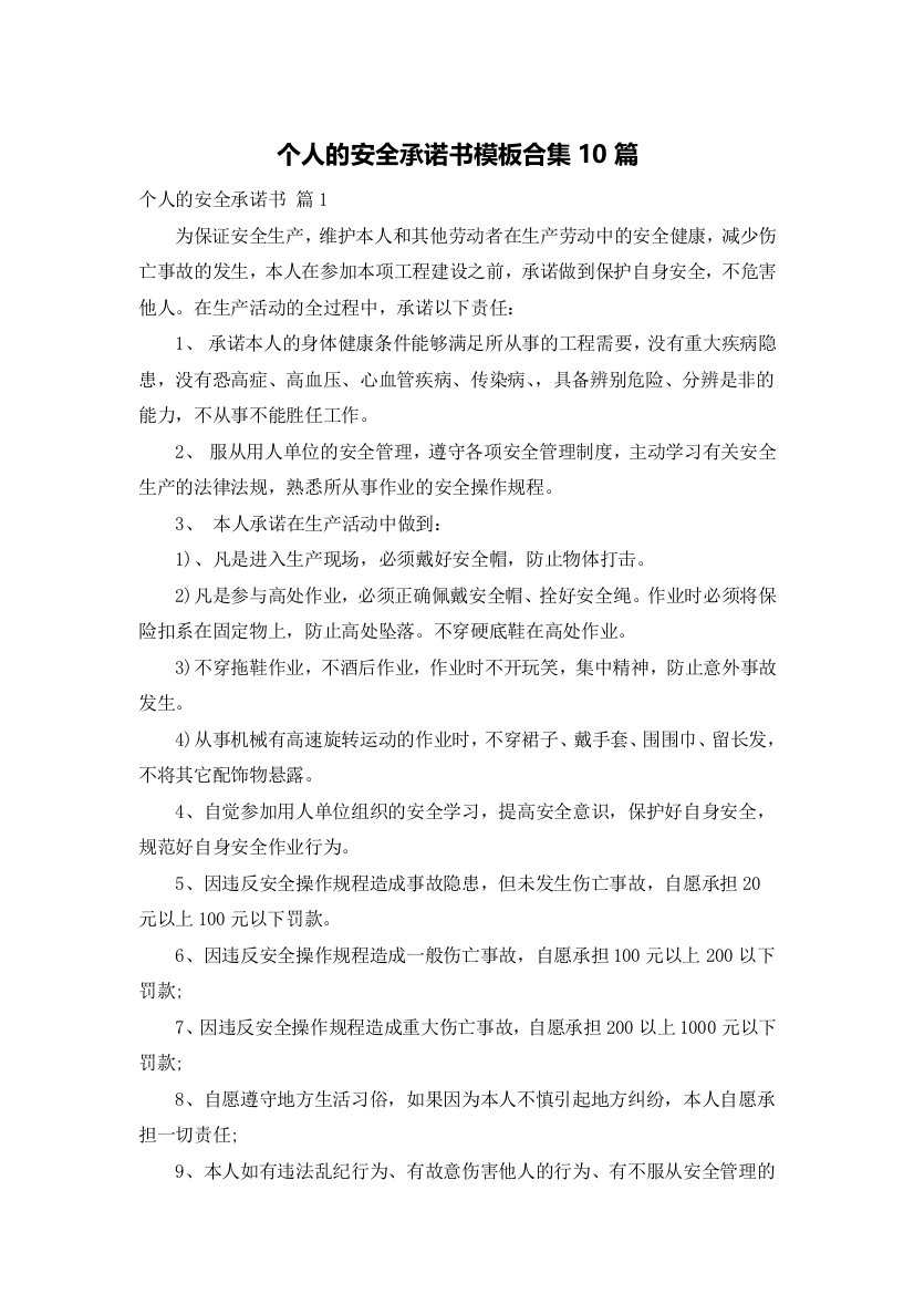 个人的安全承诺书模板合集10篇