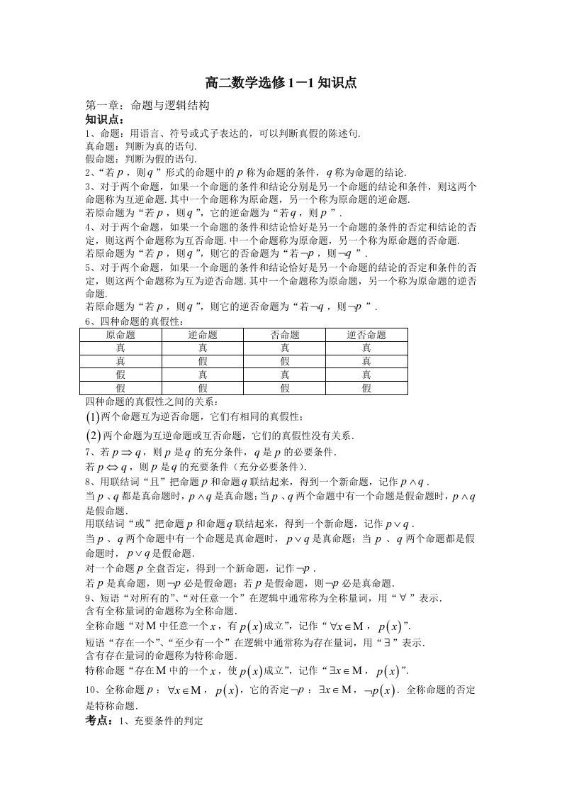 高中数学选修1-1知识点、考点、典型例题