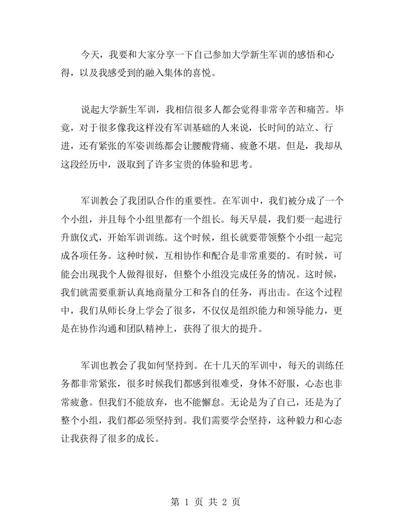 大学新生军训感悟心得：融入集体的喜悦