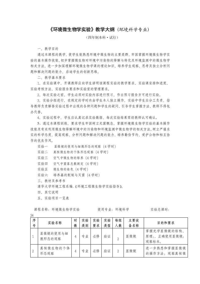 《环境微生物学实验》教学大纲（环境科学专业）