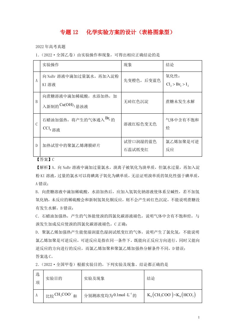 全国通用2020_2022三年高考化学真题分项汇编专题12化学实验方案的设计表格图象型