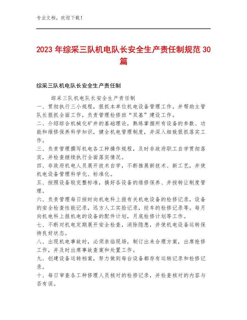 2023年综采三队机电队长安全生产责任制规范30篇