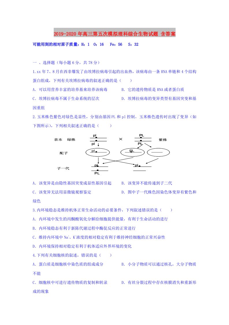 2019-2020年高三第五次模拟理科综合生物试题