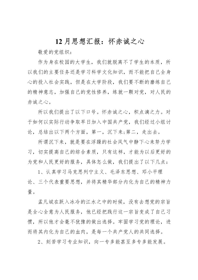 202212月思想汇报：怀赤诚之心