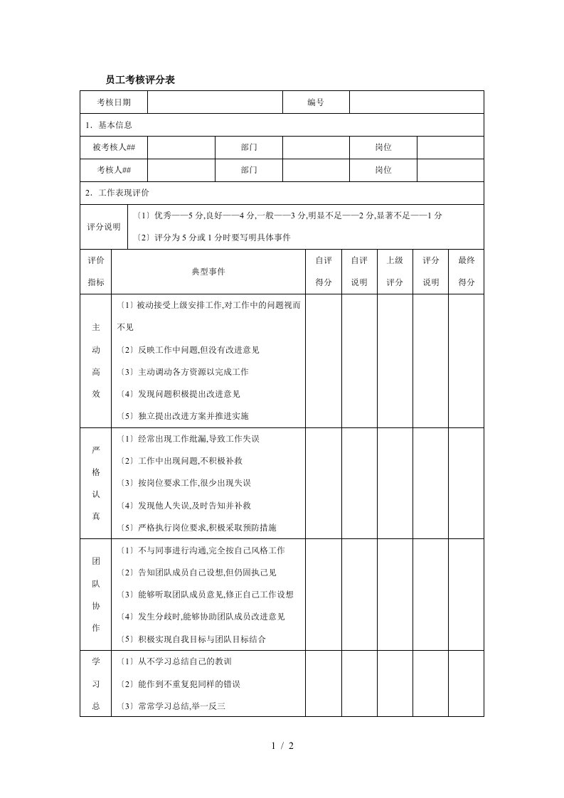 《员工考核评分表》word版