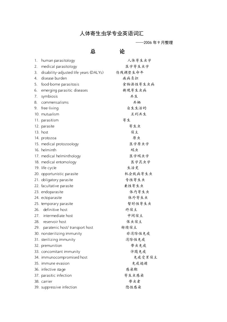 人体寄生虫学专业英语词汇