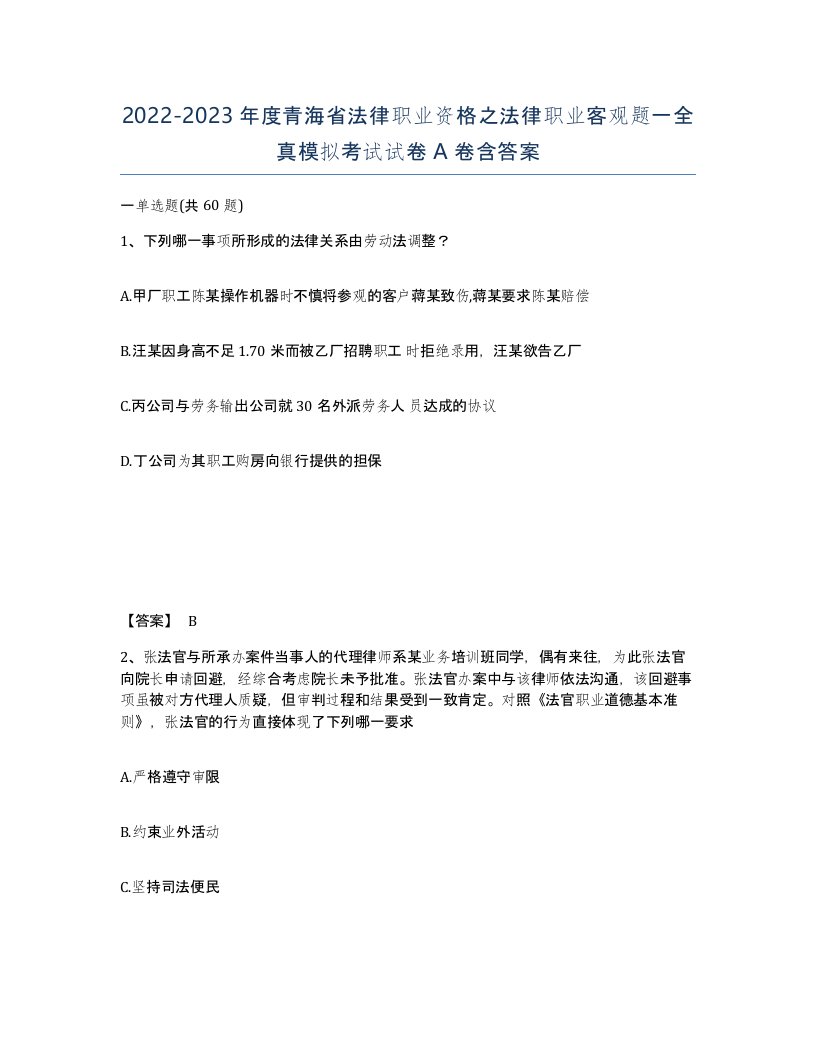 2022-2023年度青海省法律职业资格之法律职业客观题一全真模拟考试试卷A卷含答案