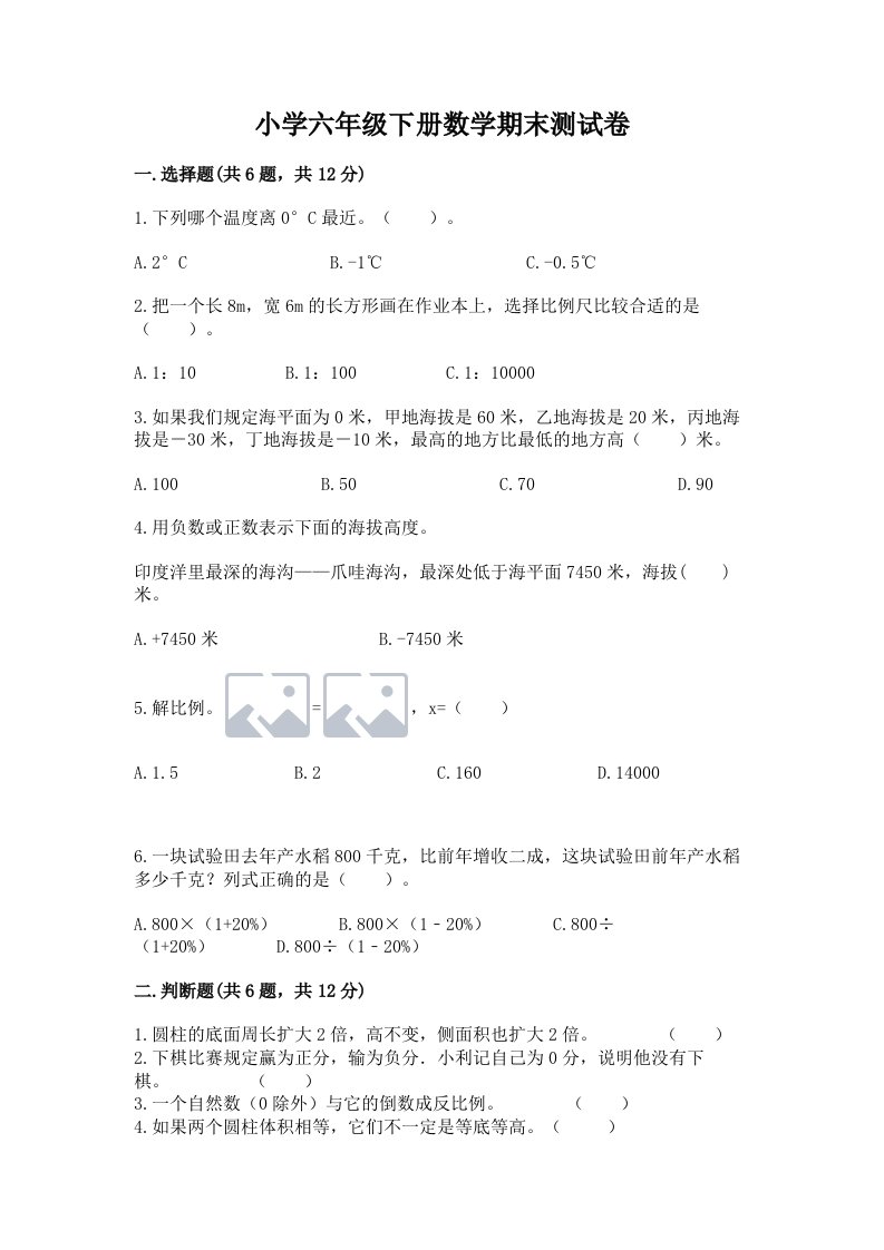 小学六年级下册数学期末测试卷含完整答案【历年真题】