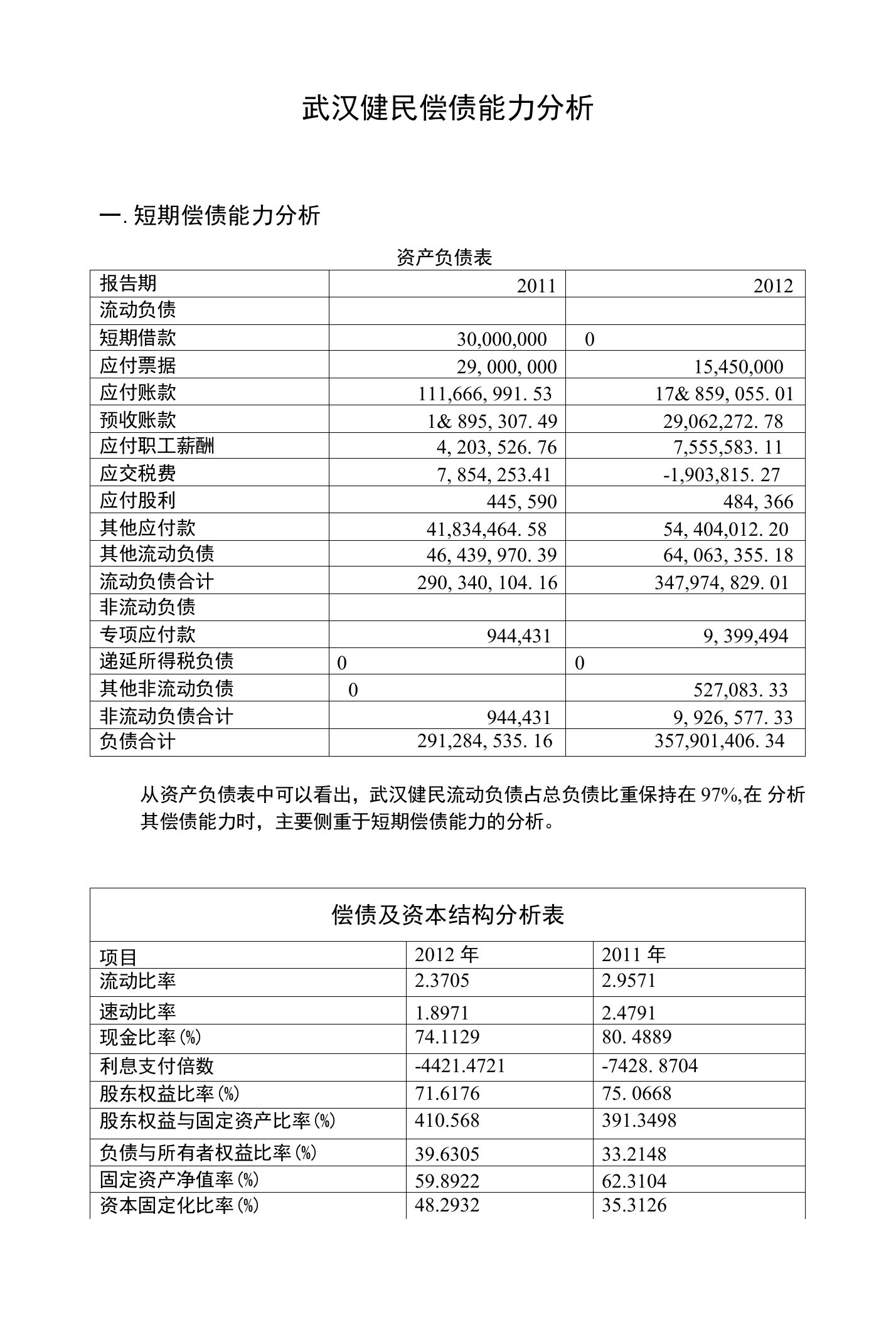 健民偿债能力分析