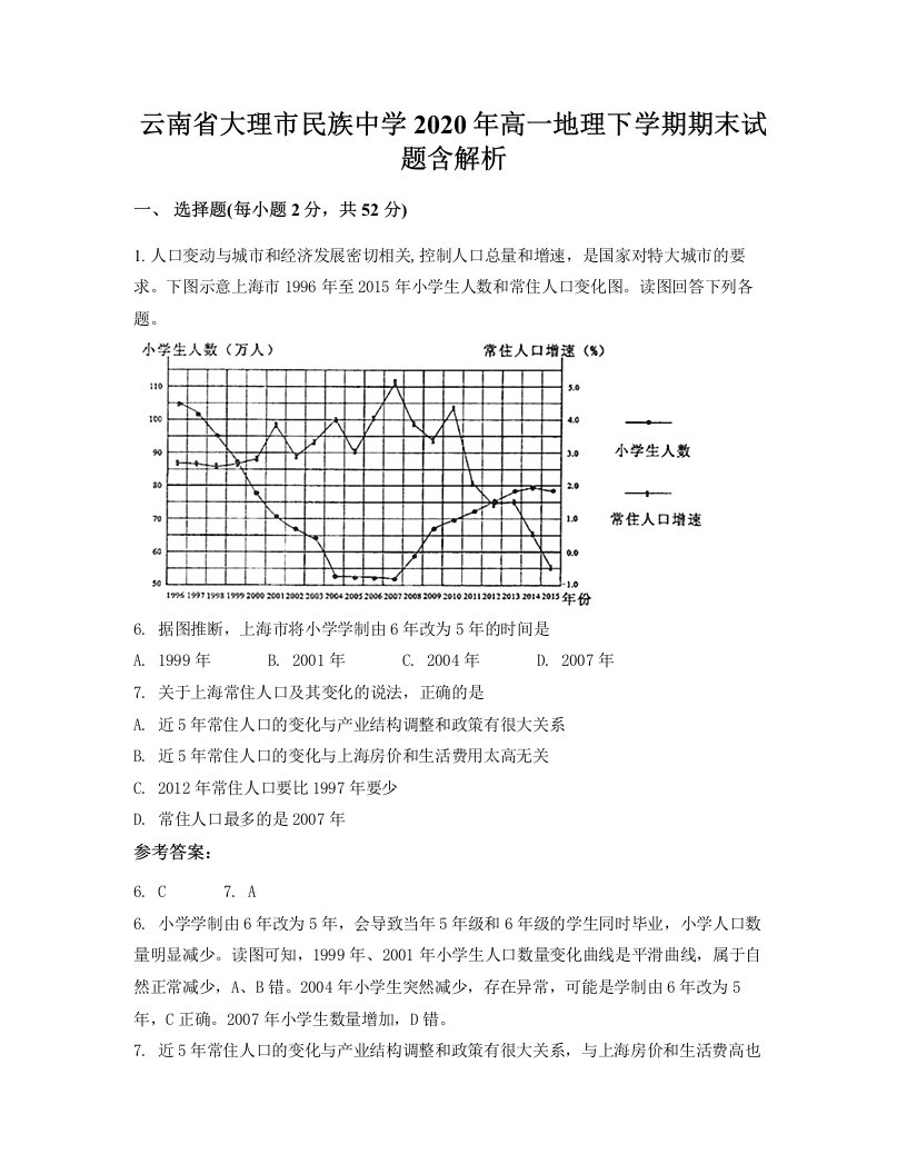 云南省大理市民族中学2020年高一地理下学期期末试题含解析