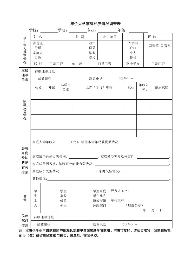 华侨大学家庭经济情况调查表-华侨大学音乐舞蹈学院