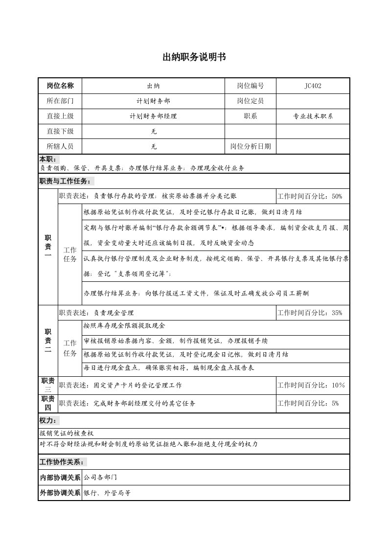 某地产企业出纳岗位说明书及KPI指标