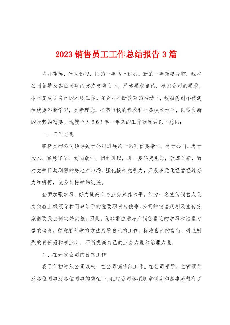 2023年销售员工工作总结报告