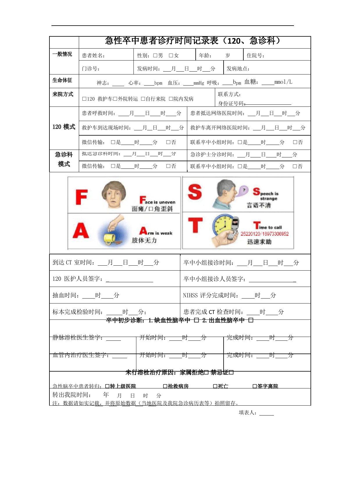 急性卒中患者诊疗时间记录表(120和急诊)