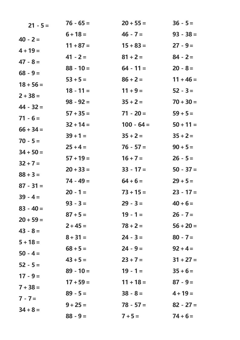 100以内加减法口算练习题(1000道)