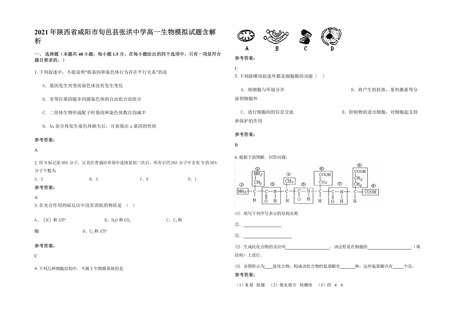 2021年陕西省咸阳市旬邑县张洪中学高一生物模拟试题含解析