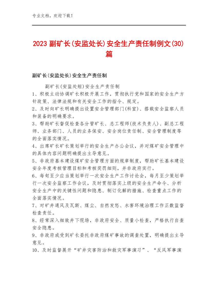 2023副矿长(安监处长)安全生产责任制例文(30)篇