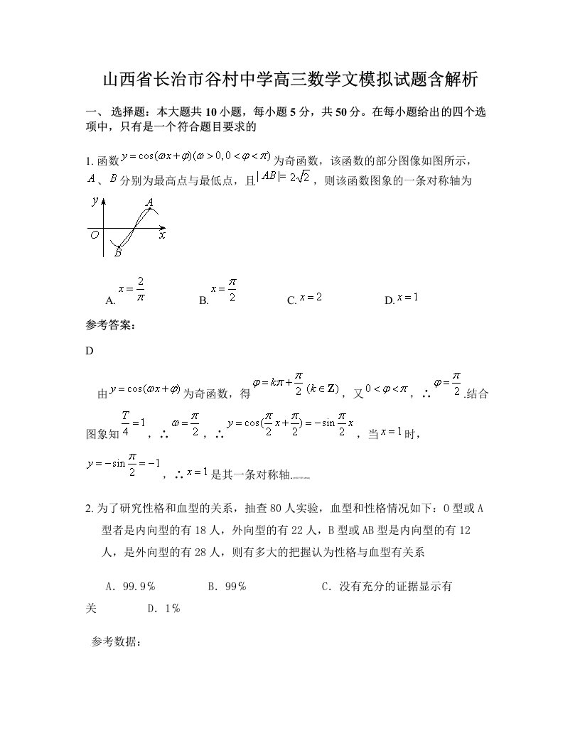 山西省长治市谷村中学高三数学文模拟试题含解析