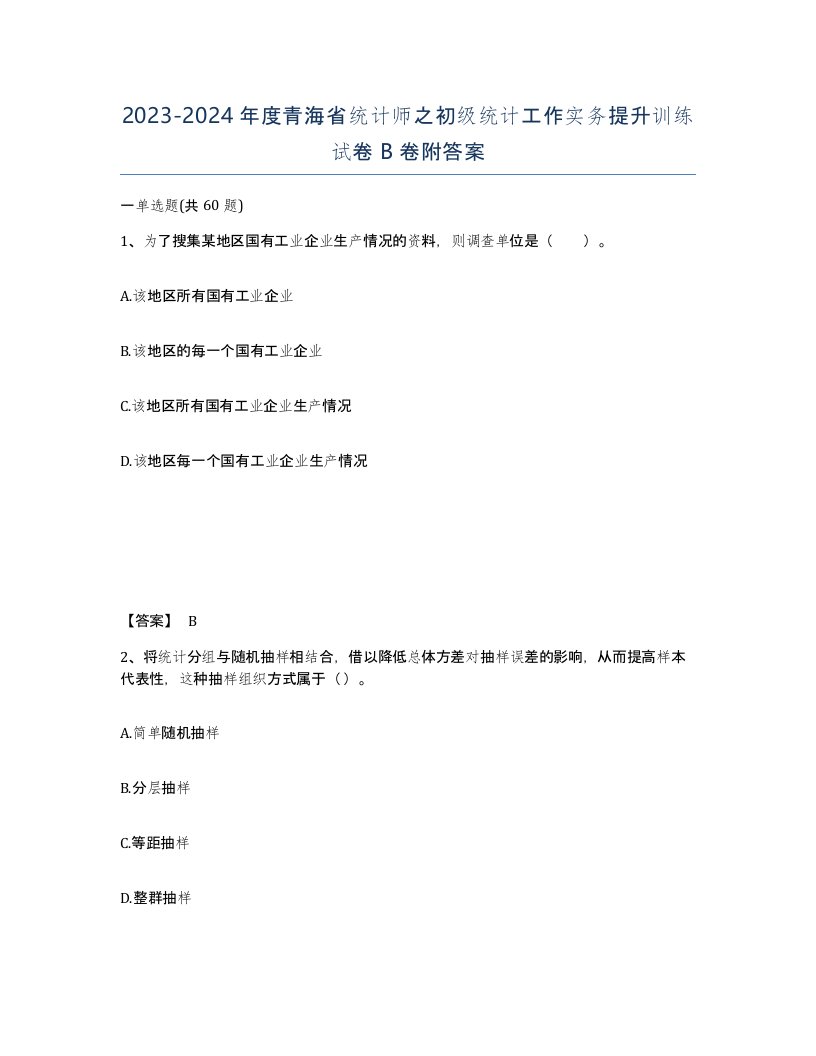 2023-2024年度青海省统计师之初级统计工作实务提升训练试卷B卷附答案