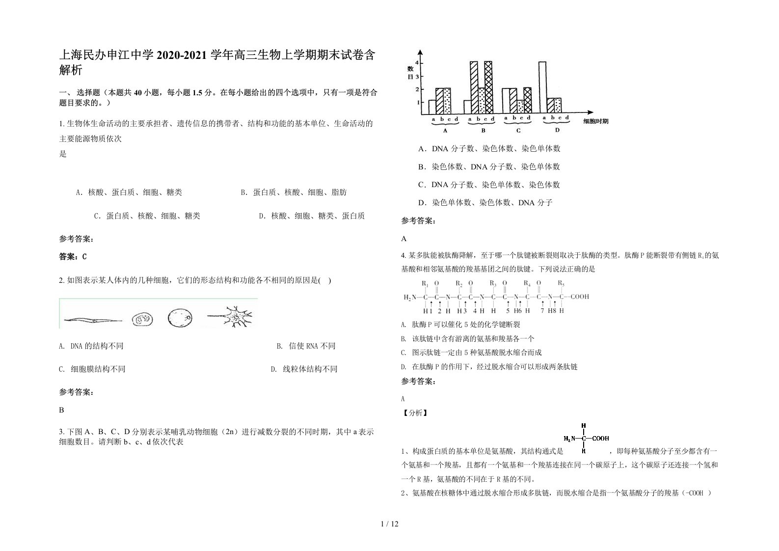 上海民办申江中学2020-2021学年高三生物上学期期末试卷含解析