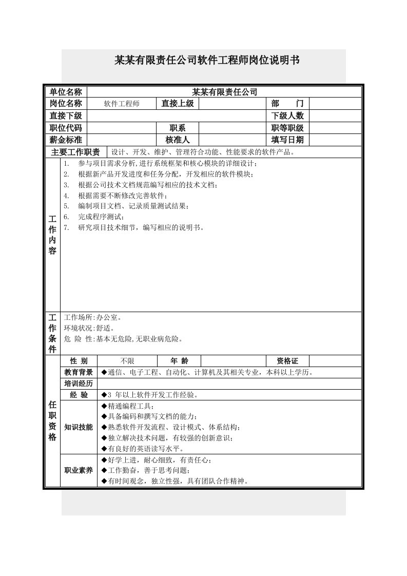 软件工程师岗位说明书