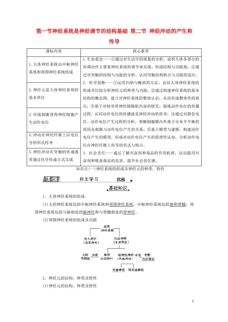 2022年新教材高中生物第二章神经调节第一节神经系统是神经调节的结构基础第二节神经冲动的产生和传导学案浙科版选择性必修1