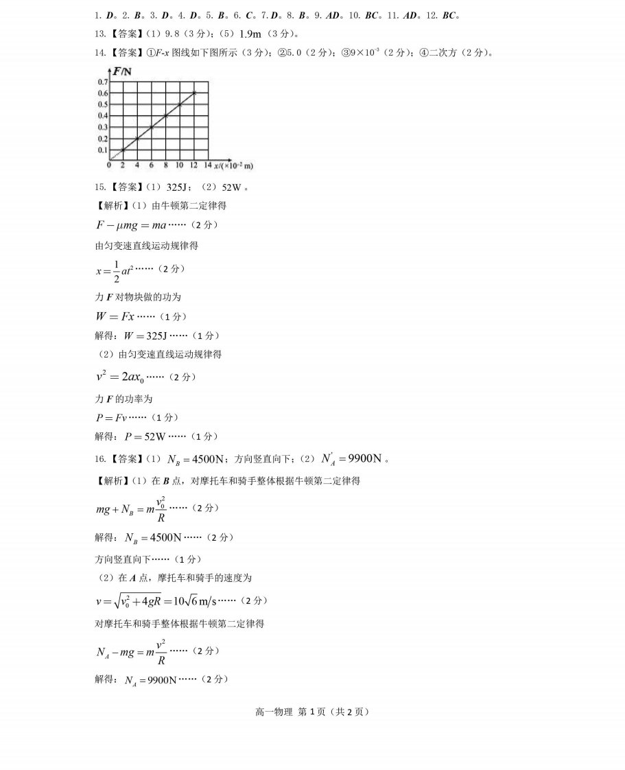 陕西省渭南市2019-2020学年高一物理下学期线上网络检测试题（PDF）答案