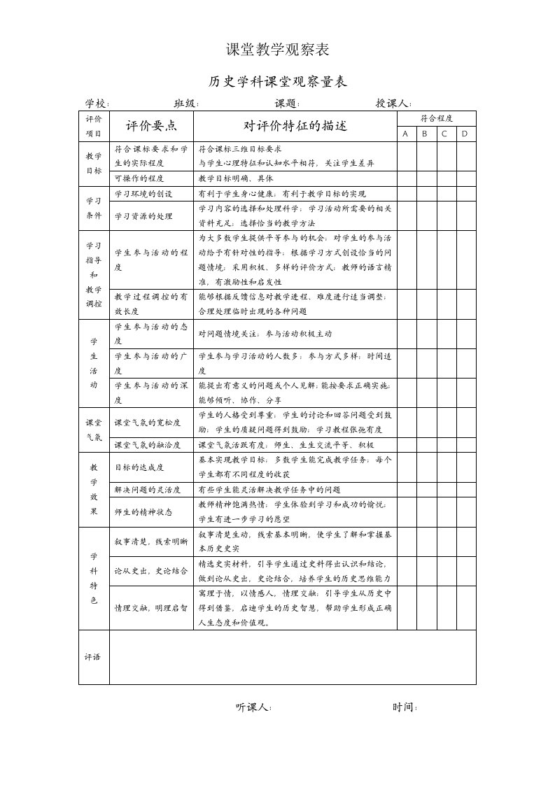 历史学科课堂观察量表