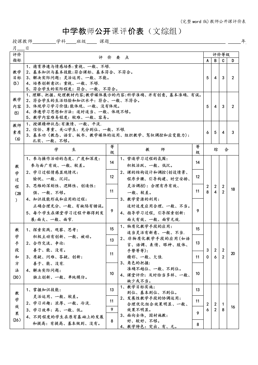 教师公开课评价表