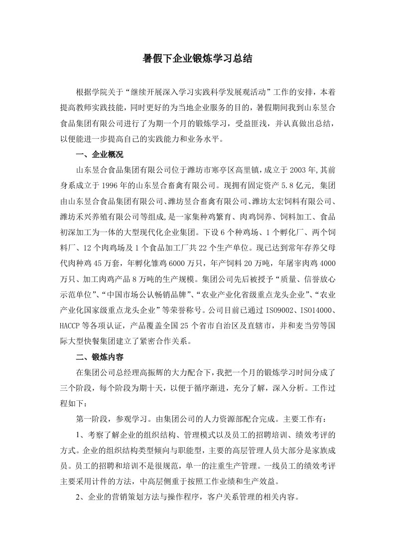 暑假下企业锻炼学习总结